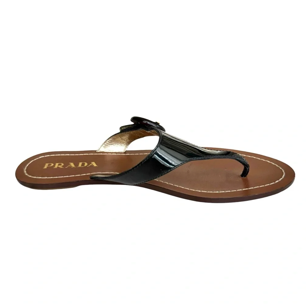 PRADA Black Patent Flat Sandals Leather Thong Slides Women’s 38 - Picture 11 of 17